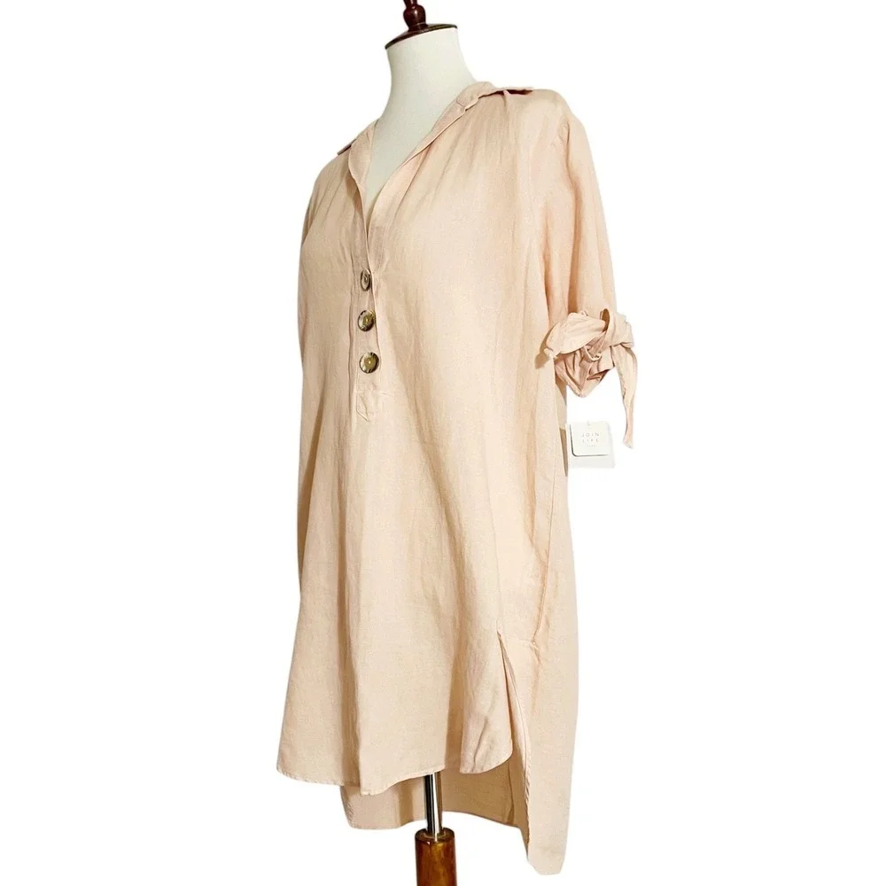 Zara Basic Womens Medium Linen Blend Button Down Tie Sleeve Tunic Dress